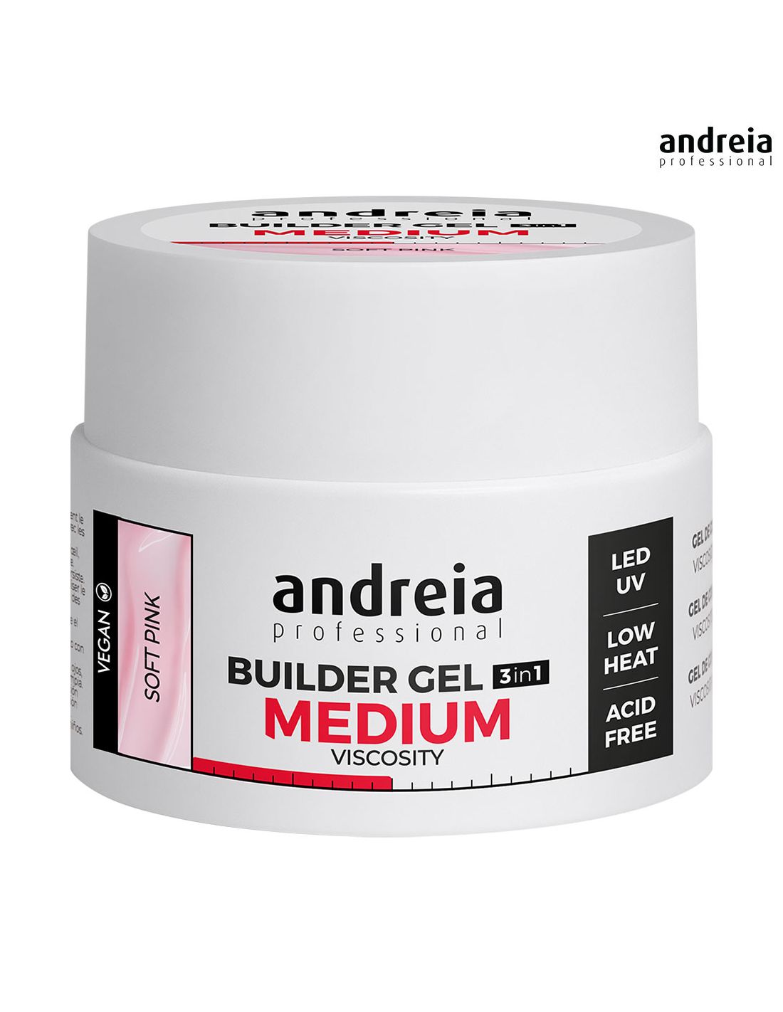 Andreia Builder Gel 3 IN 1 - Média Viscosidade 44gr Frasco branco de gel para unhas Andreia Professional Builder Gel 3in1 Medium Soft Pink