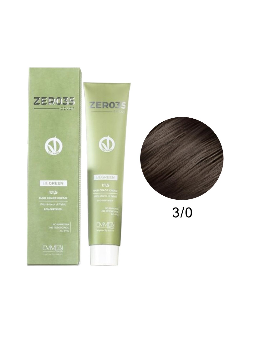 Coloração Be Green Vegan 3/0 Zero35 100ml - Emmebi Produto coloração capilar Zero35 em embalagem verde claro com amostra de cor 3/0 castanho escuro