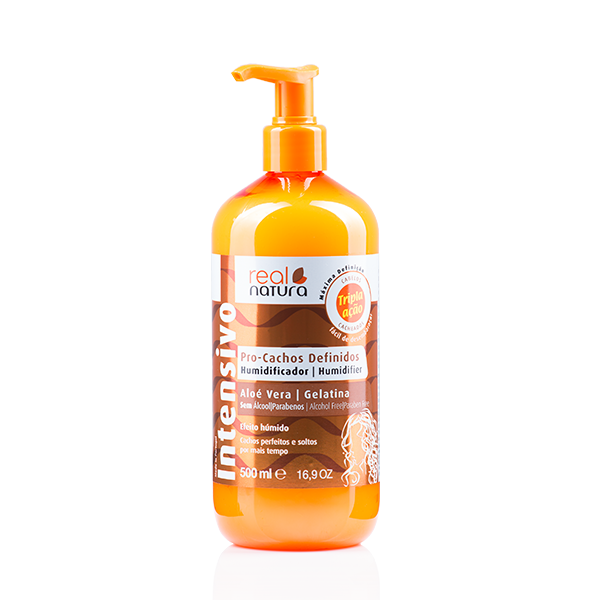 Real Natura Humidificador Pro-Cachos Definidos 500ml Frasco laranja com doseador de hidratante capilar Real Natura