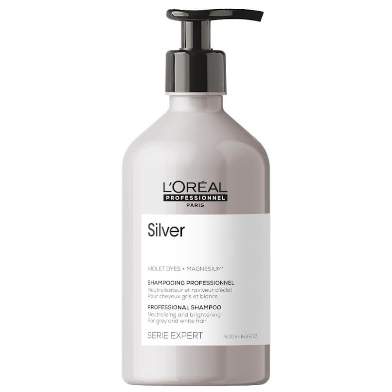 L'Oréal Expert Silver Shampoo 500ml Frasco branco de champô profissional L'Oréal Silver com dispensador preto