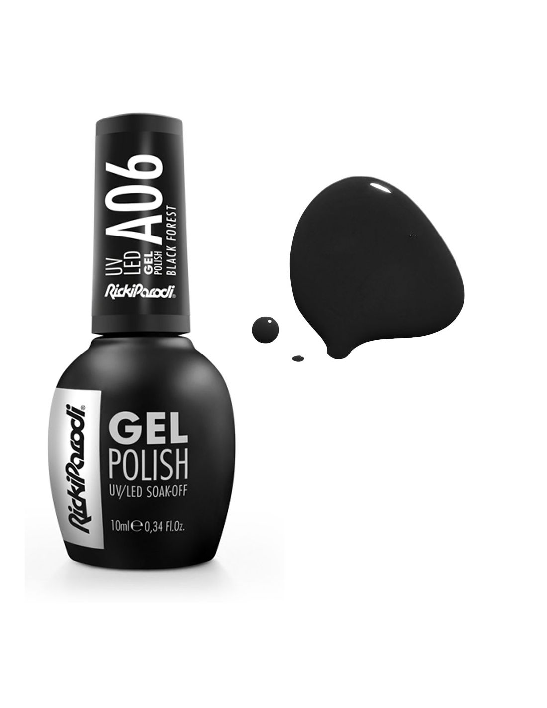 Verniz Gel A06 Black Forest - Winter Collection - Ricki Parodi Frasco de verniz gel preto RickiParodi com amostra de verniz