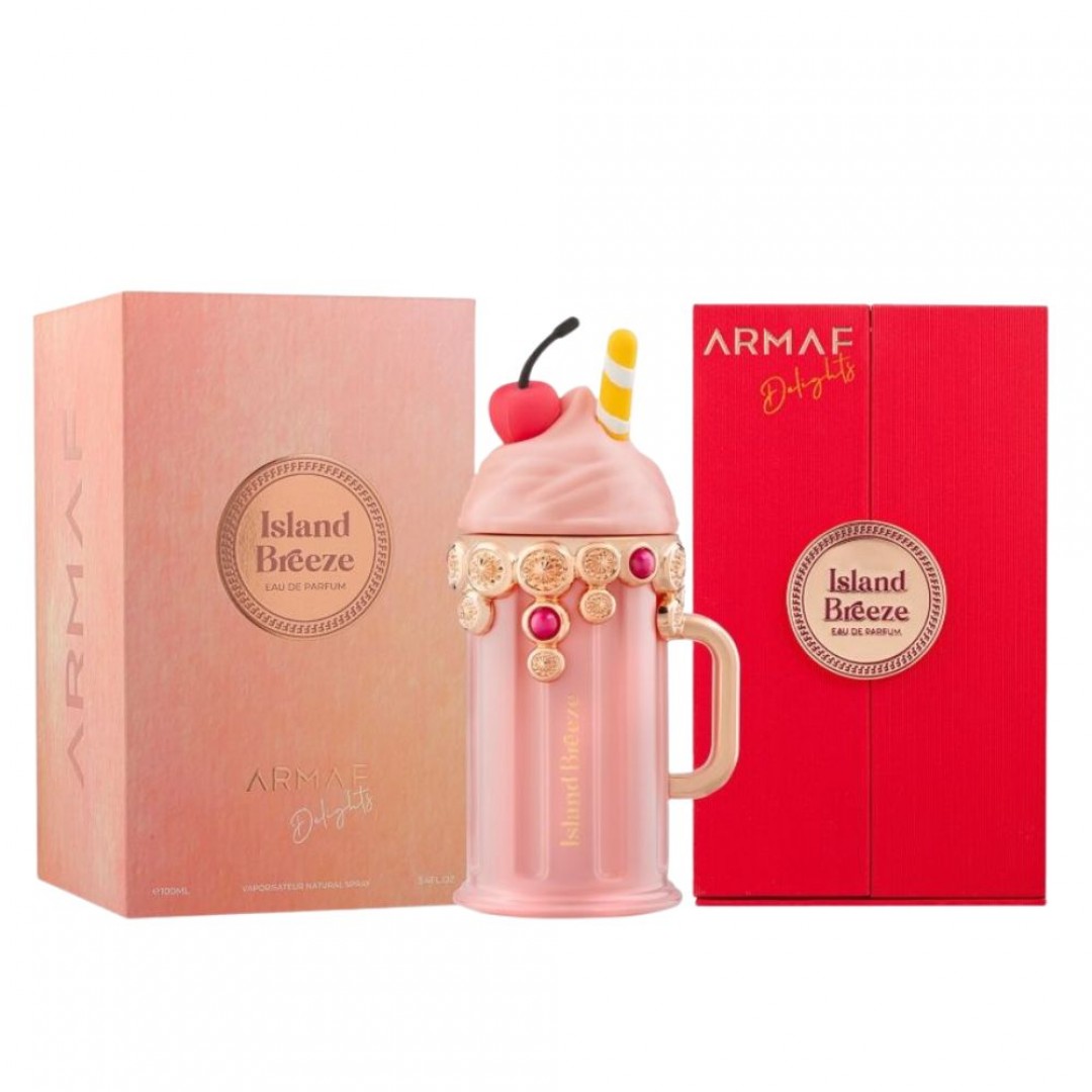 Armaf Delights Island Breeze 100ml EDP Frasco de perfume em vidro com decoração de milkshake e duas caixas coloridas.