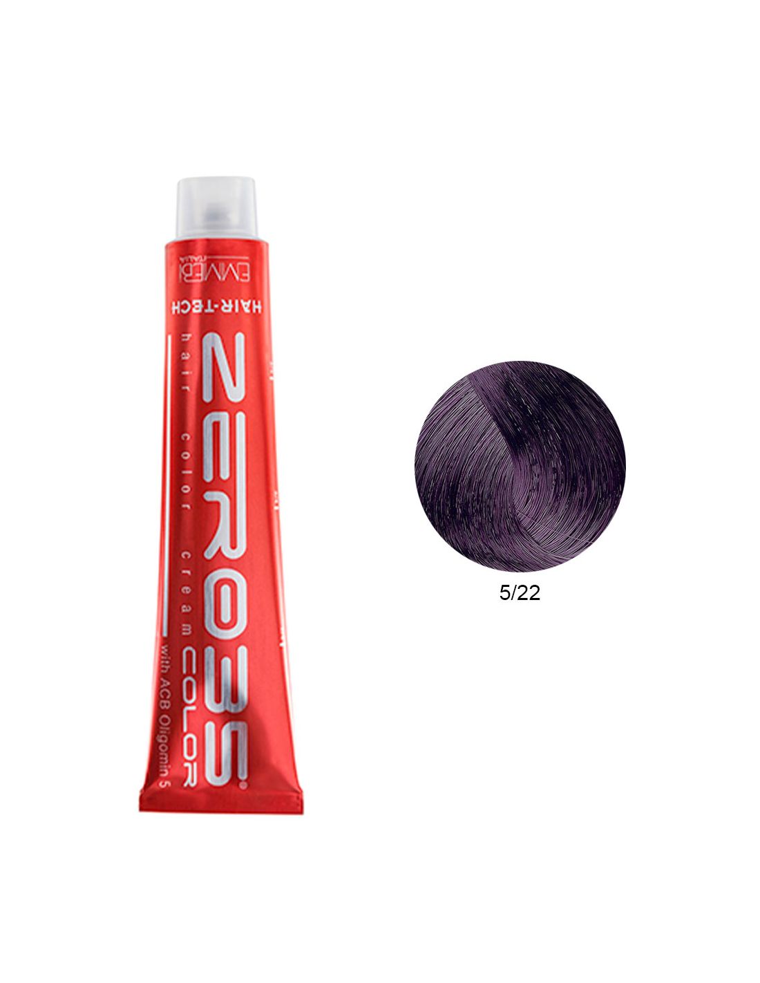 Coloração Hair-Tech 100ml - 5/22 Castanho Claro Violeta Intenso - Zero35 - Emmebi Tubo vermelho de tinta de cabelo e amostra de cor roxo escuro 5/22