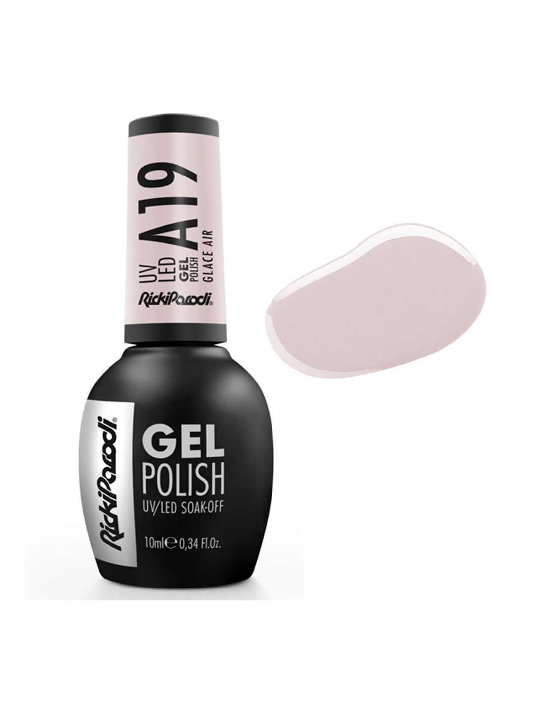 Verniz Gel A19 Glace Air - Air Collection - Ricki Parodi frasco de esmalte de gel preto e rosa com amostra de cor