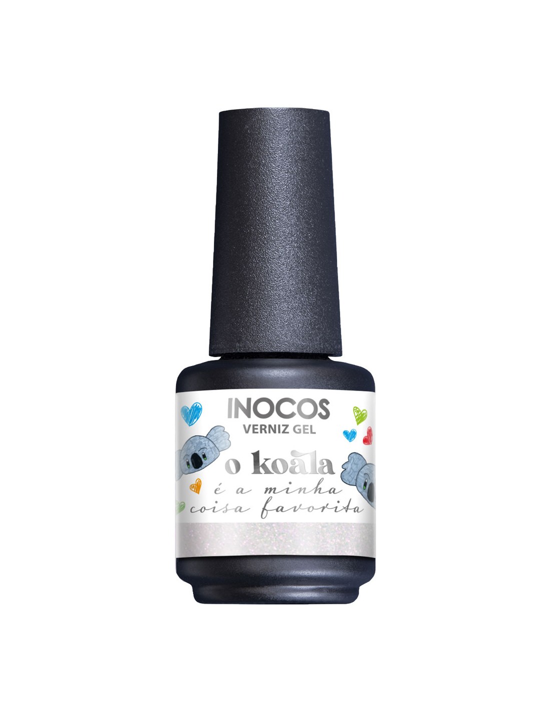 Verniz Gel O Koala 15ml - Inocos Coleção de Natal "A minha coisa favorita" Frasco de verniz gel preto INOCOS com etiqueta decorativa de koalas e corações