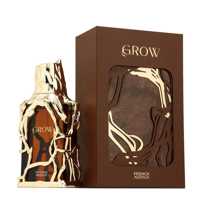 French Avenue Grow Eau De Parfum Unisex 100 Ml Frasco de perfume castanho com detalhes dourados e embalagem castanha decorativa