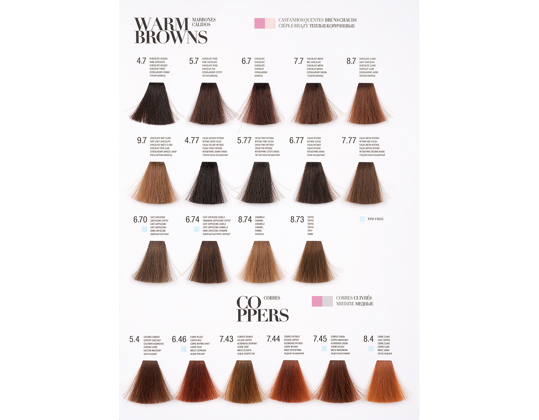 Kosswell Professional Coloração Color Sheen 100ml(108cores) Tabela de cores de cabelo castanho quente com amostras numeradas e indicações de intensidade