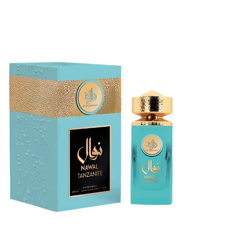 Al Wataniah Nawal Tanzanite EDP U 100 ml Frasco e caixa de perfume azul turquesa e dourado com texto NAWAL TANZANITE