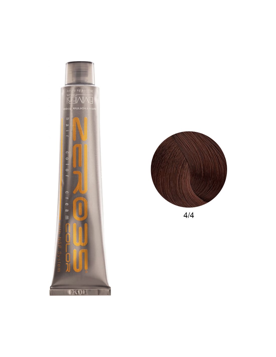 Coloração Sem Amoníaco 100ml - 4/4 Castanho Cobre - Zero35 - Emmebi Tubo metálico de tinta para cabelo prateado com texto laranja e amostra de cor castanho escuro