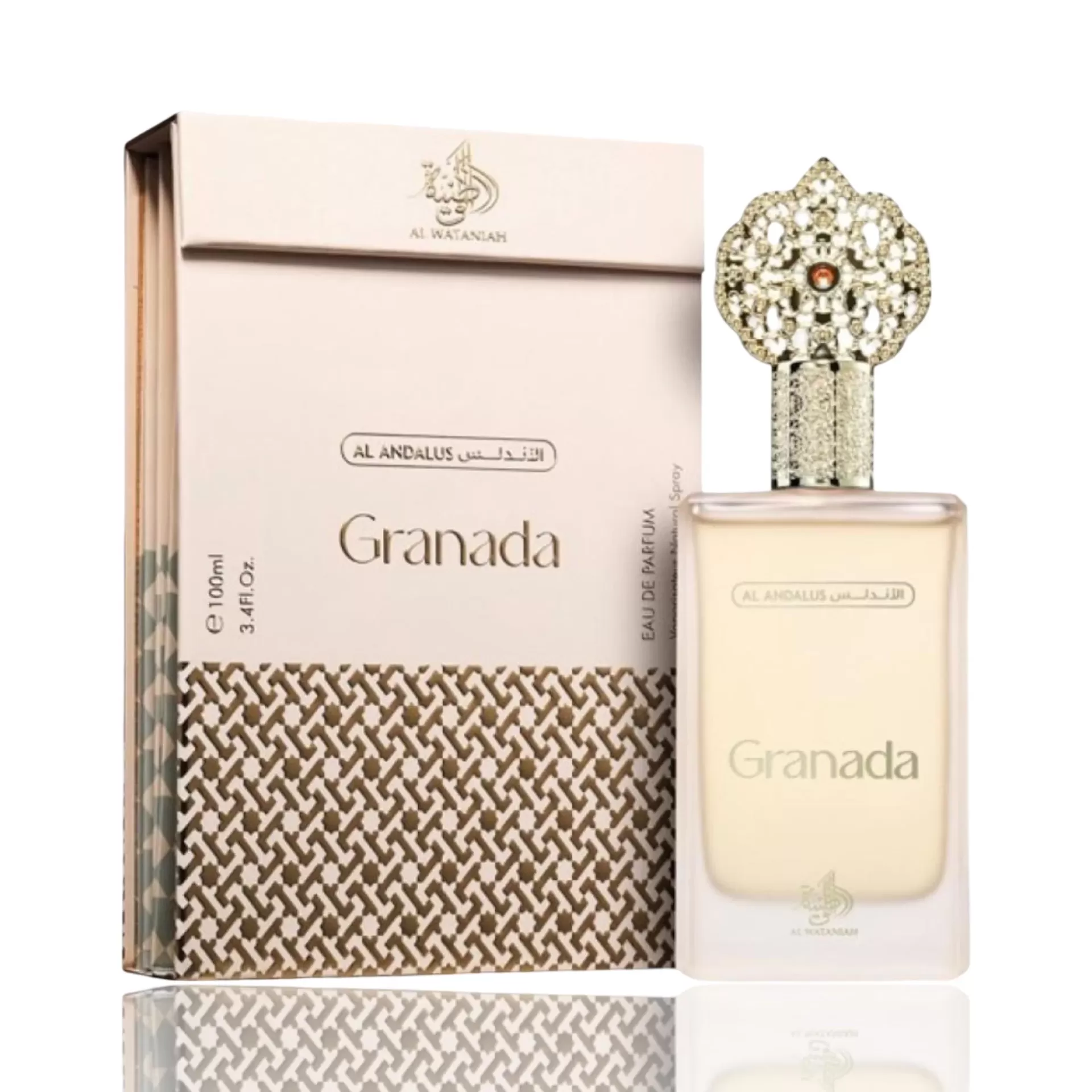 Al Wataniah Granada Eau De Parfum Spray 100ml Frasco de perfume com tampa dourada e caixa bege com padrão geométrico castanho