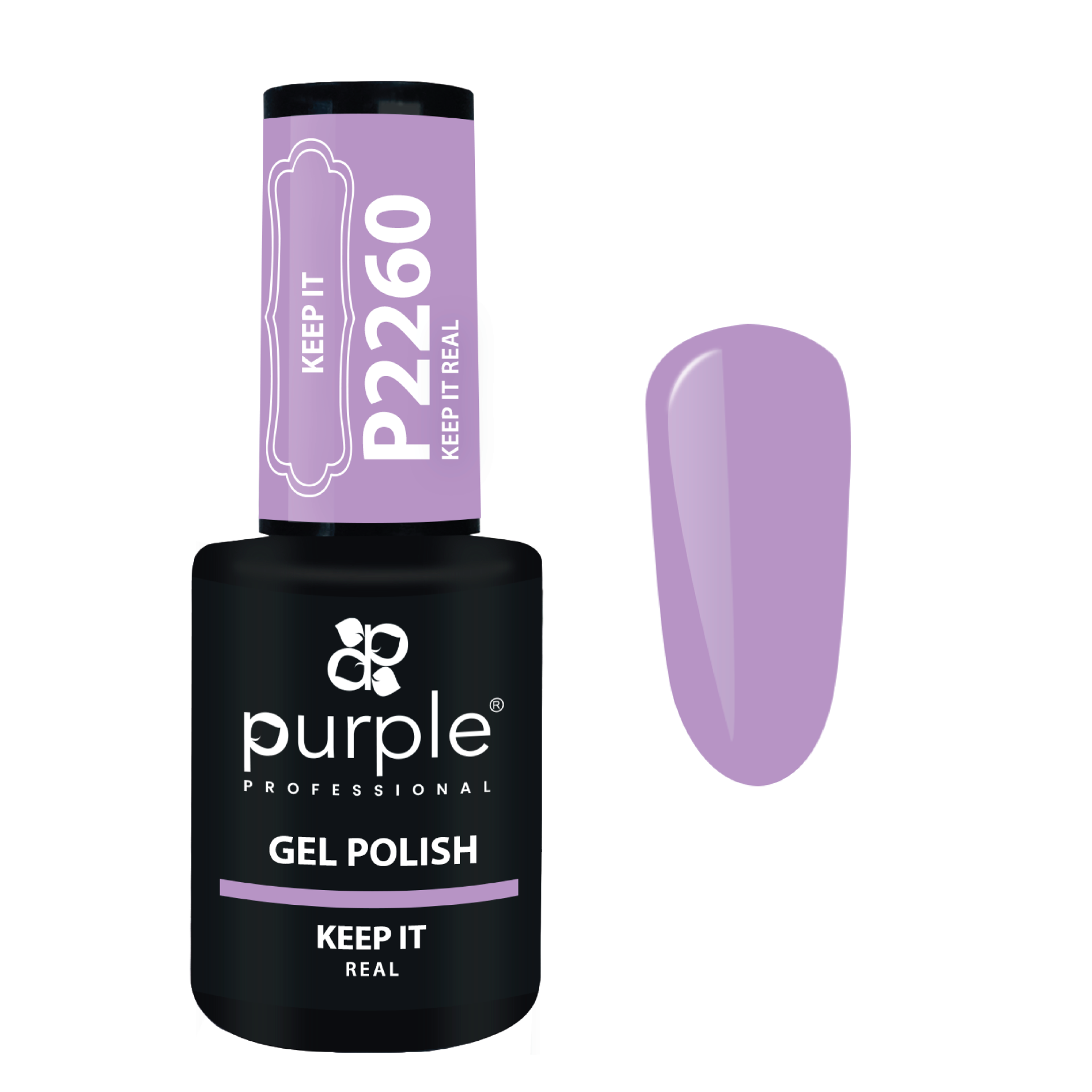Purple Verniz Gel P2260 GEL POLISH KEEP IT REAL 10ml Frasco de verniz gel para unhas lilás da Purple Professional com amostra da cor