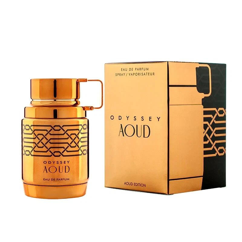 Armaf - Odyssey Aoud 100ml Frasco e caixa de perfume dourados com padrão geométrico preto e texto Odyssey Aoud