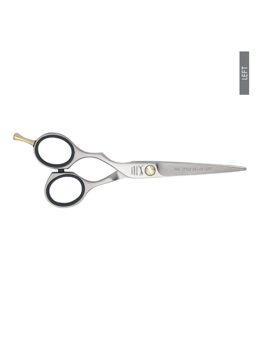 Jaguar Tesoura Relax Left Pre Style Tesoura de corte para cabelo canhotos metal prateado com detalhes dourados e texto na lâmina