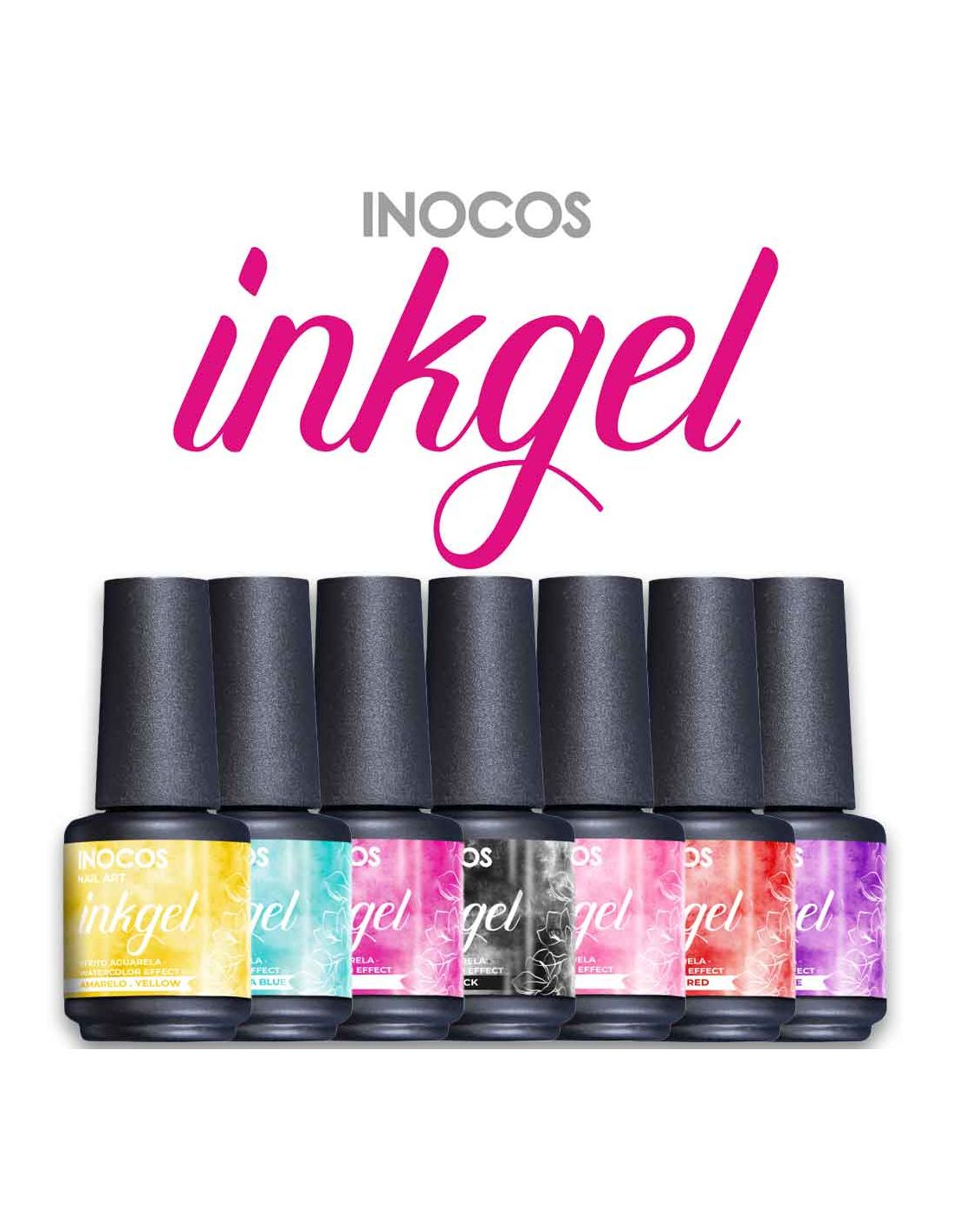 Coleção Verniz Ink Gel - INOCOS Conjunto de seis vernizes coloridos em frascos pretos com tampas e texto 'INOCOS inkgel'