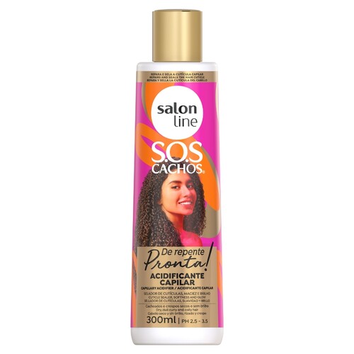SOS ACIDIFICANTE ANTIPOROSIDADE DE REPENTE PRONTA 300ML - Salon Line Frasco rosa e bege de Salon Line S.O.S Cachos Acidificante Capilar com tampa dourada
