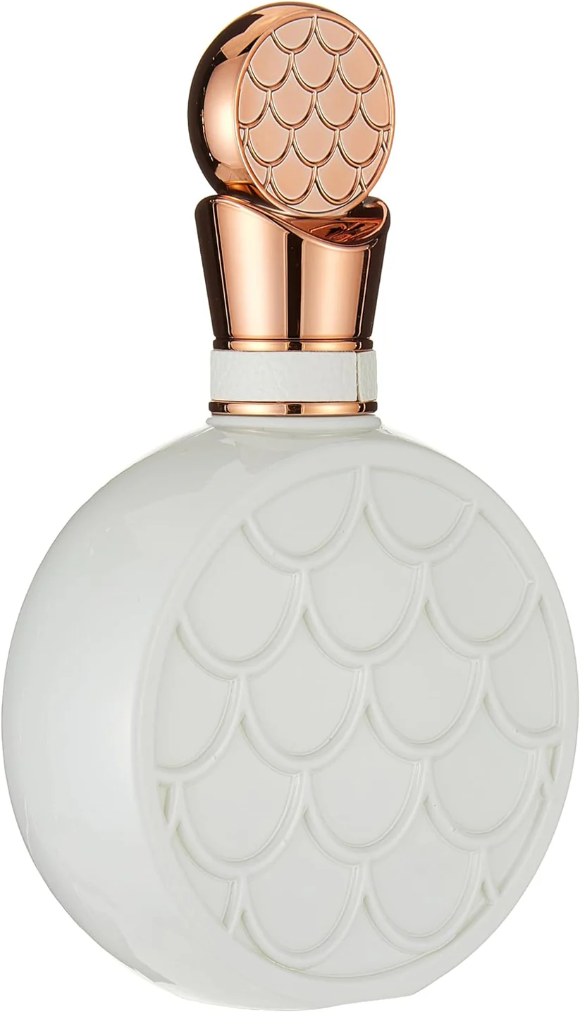 Fakhar Woman Pride Rose Lattafa 100ml (Original) Garrafa de perfume redonda branca com tampa dourada em padrão de escamas
