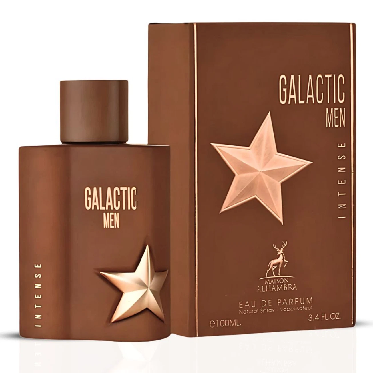 Maison Alhambra Galactic Men Intense Eau de Parfum 100ml Perfume Galactic Men Intense castanho com estrela dourada e caixa correspondente