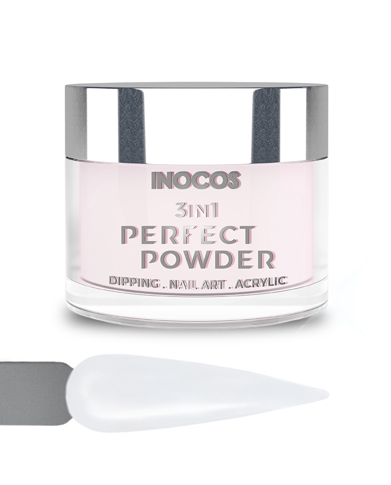 INOCOS PERFECT POWDER 3 EM 1 BASE 06 Rosa Bebé Transparente 20GR Pó acrílico branco para unhas em frasco transparente com tampa prateada