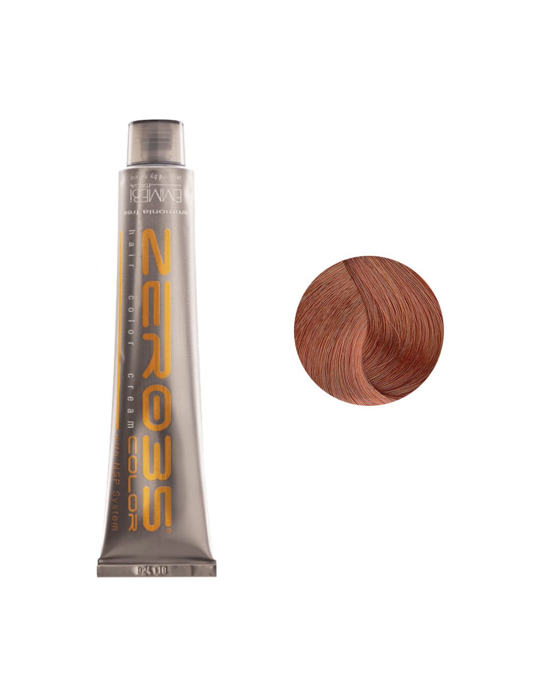 Coloração Sem Amoníaco 100ml - Hot COPPER - Zero35 - Emmebi Tubo metálico de coloração capilar ZERO35 com amostra de cabelo castanho avermelhado