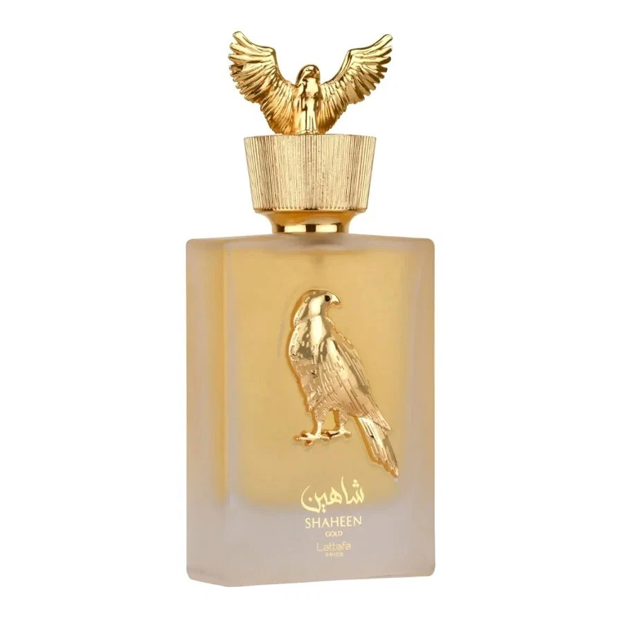 PERFUME SHAHEEN GOLD LATTAFA PRIDE - 100ml Frasco de perfume Shaheen amarelo fosco com águia dourada
