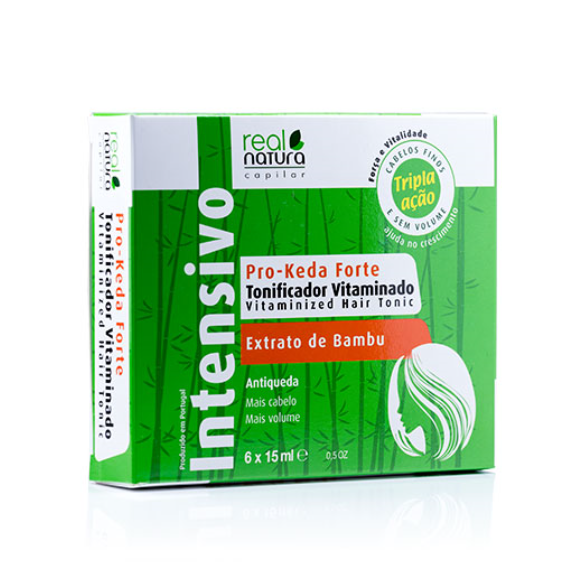 Real Natura ampolas anti-queda 6x15ml Kit de tónico capilar Pro-Keda Forte Intenso com extrato de bambu, embalagem verde