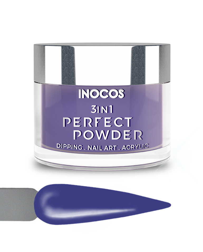 INOCOS PERFECT POWDER 3 EM 1 P49 Ganga Azul 20GR Pó acrílico para unhas INOCOS 3IN1 PERFECT POWDER roxo com tampa prateada e amostra de cor
