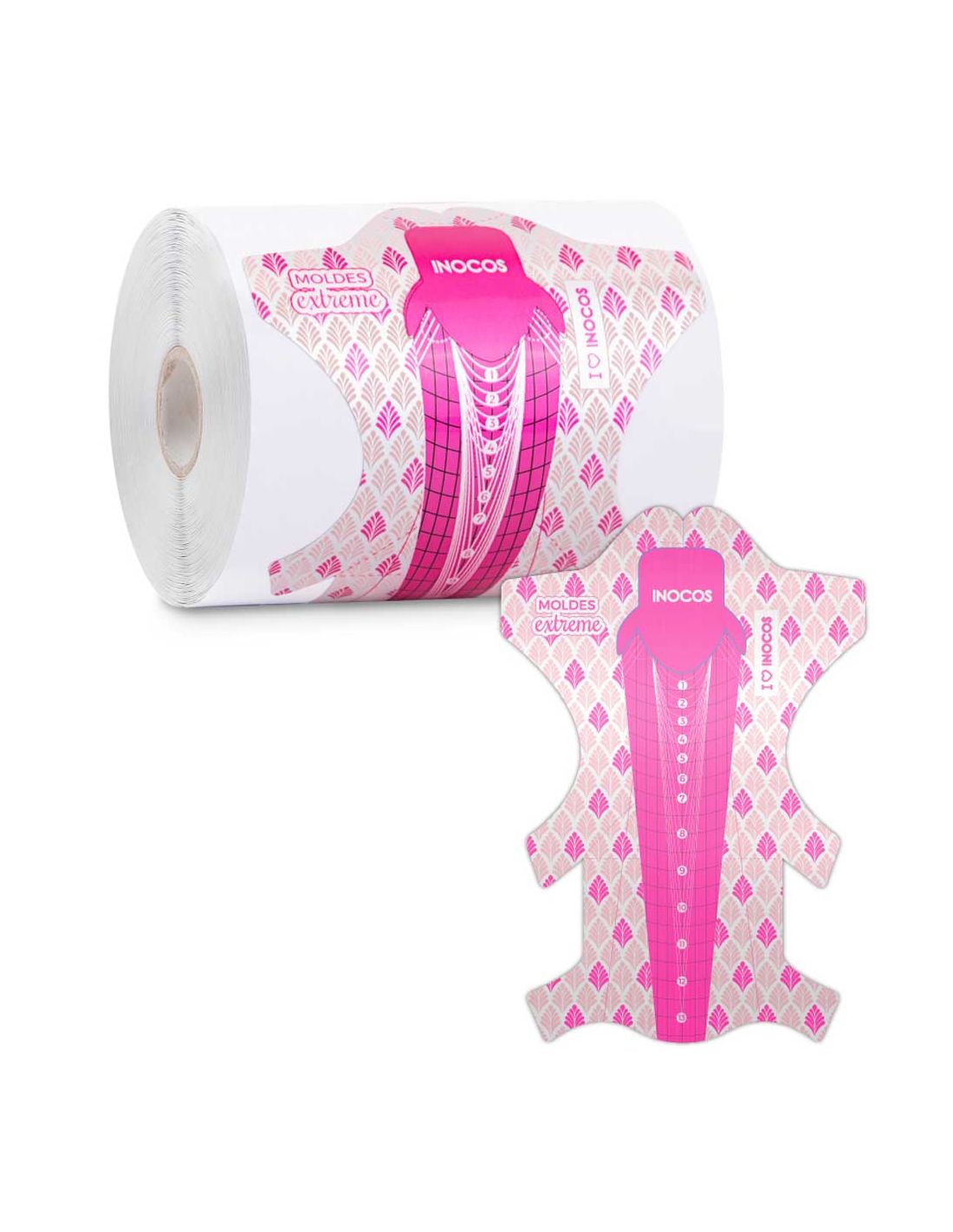 Moldes Borboleta Extreme 100uni. - INOCOS Rolo de moldes para extensão de unhas com padrão cor-de-rosa e branco