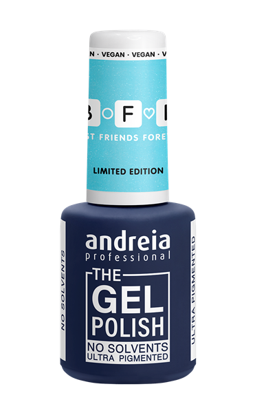 Andreia Coleção Best Friends Forever (BFF) pack de 6 cores Verniz de gel Andreia Professional azul escuro com rótulo branco e tampa azul claro.