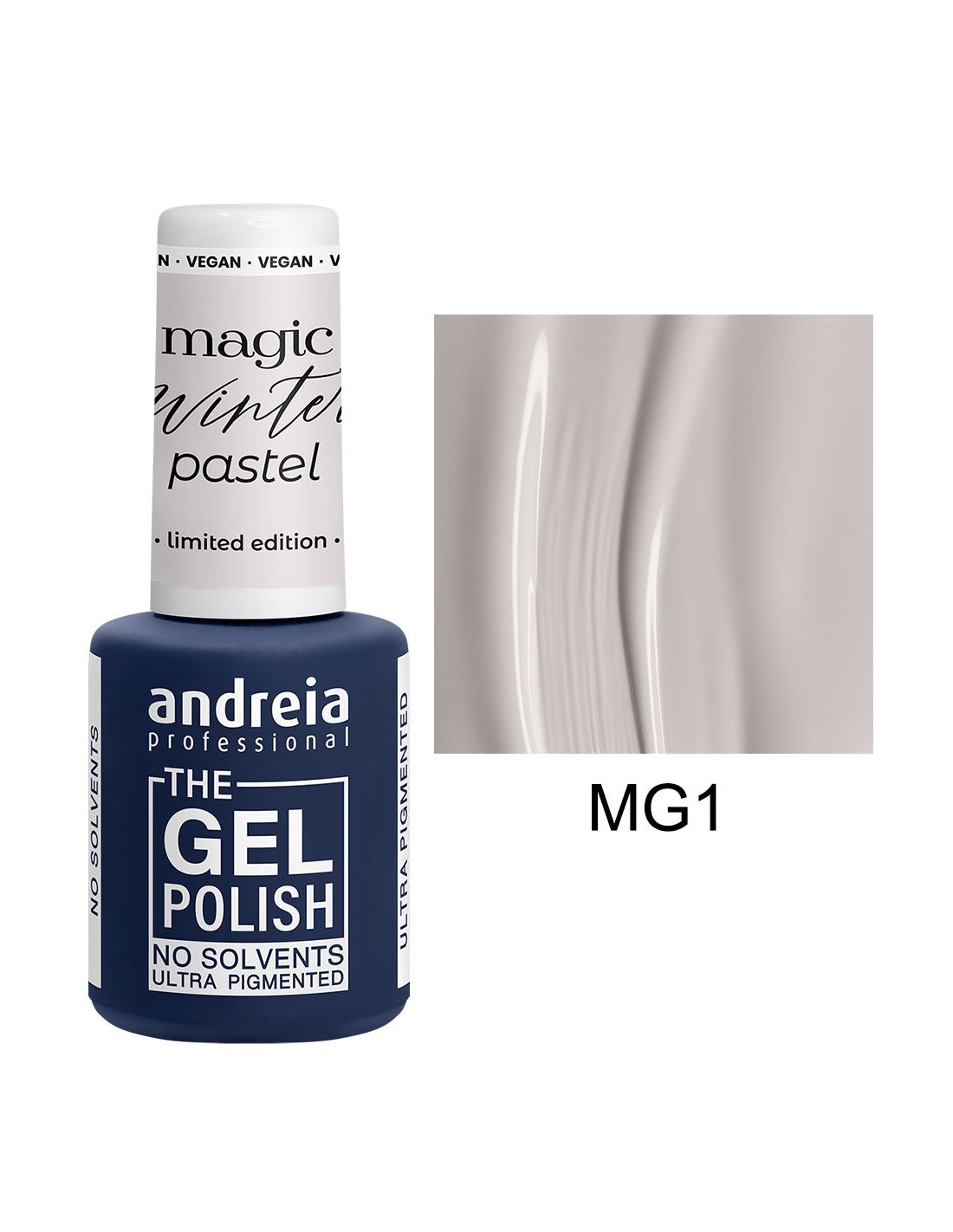The Gel Polish Andreia - Magic Winter Pastel Collection - MG1 Esmalte de gel azul escuro Andreia MG1 com tampa branca e amostra da cor cinzento claro
