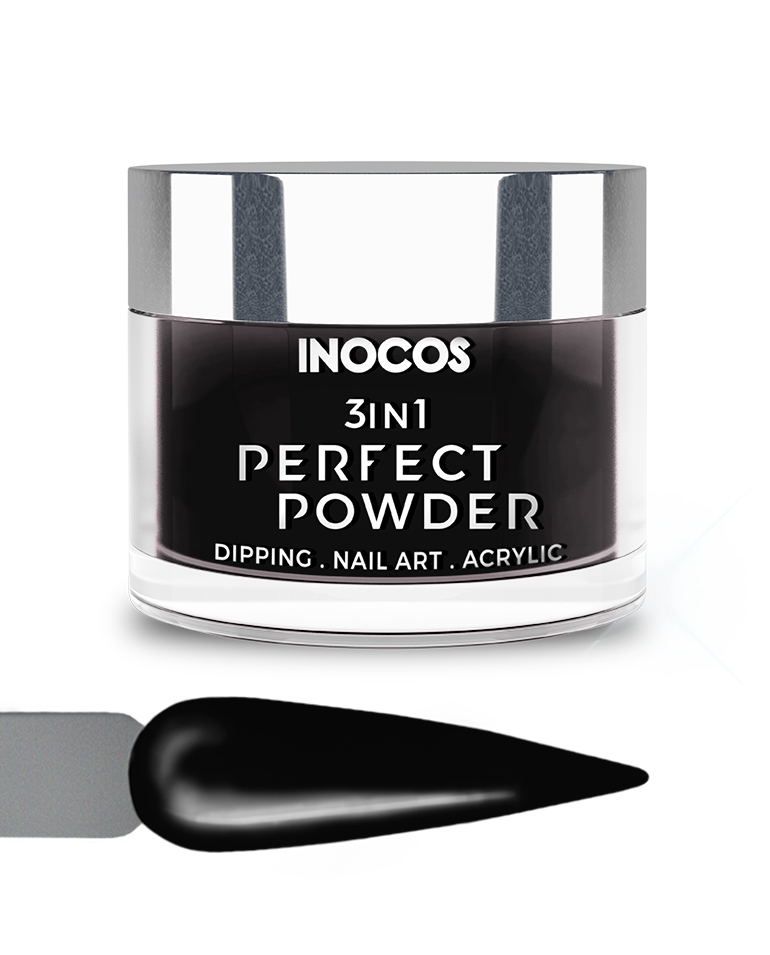 INOCOS PERFECT POWDER 3 EM 1 P66 Preto Pretíssimo 20GR Pote de pó preto para unhas INOCOS 3IN1 Perfect Powder com tampa prateada
