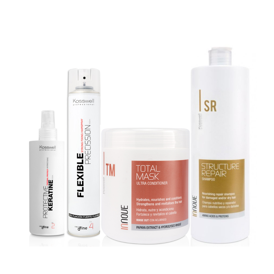 Kit Kosswell Professional Regeneração, hidratação e proteção Produtos capilares Kosswell incluindo spray Keratine, spray Flexible, máscara Total Mask e shampoo Structure Repair.