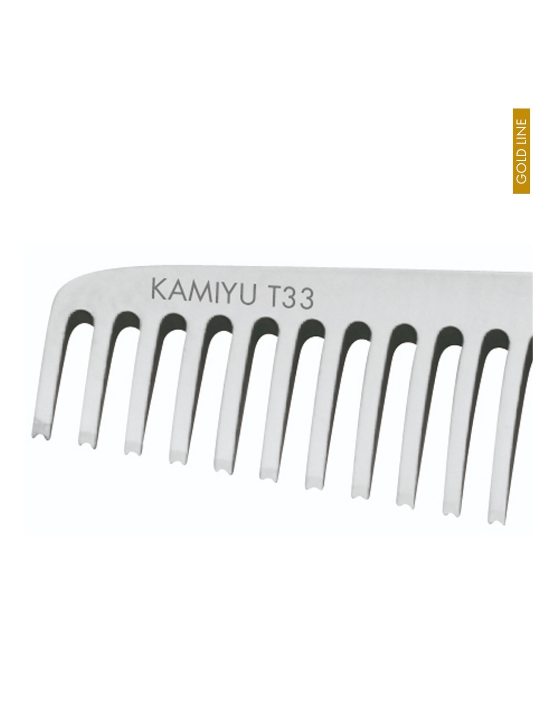 Jaguar Tesoura Desbaste Kamiyu 33 Gold Line pente metálico prateado com dentes largos e inscrição KAMIYU T33