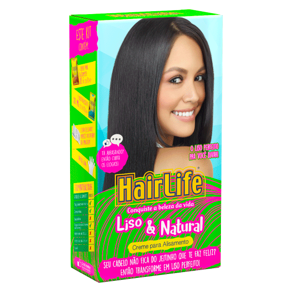 Embelleze Kit de Alisamento HairLife Liso&Natural Embalagem de creme para alisamento HairLife com imagem de mulher cabelo liso