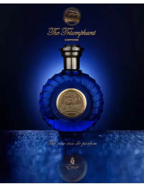 Emir The Triumphant Sapphire 100ml Frasco azul de perfume The Triumphant com medalhão dourado e tampa metálica