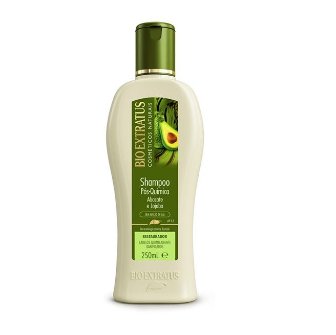Bioextratus Shampoo Pós Quimica 250ml Frasco creme de shampoo Bio Extratus com rótulo verde e tampa verde