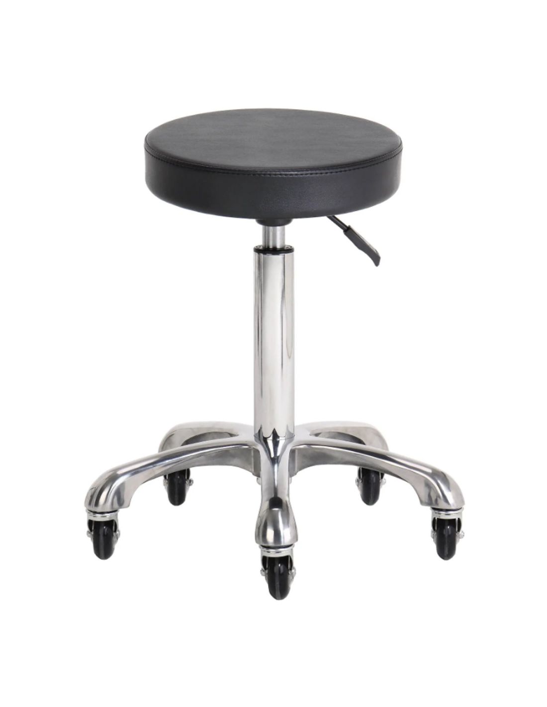 Banco Regulável NIL Banco giratório preto com estrutura metálica cromada e rodas