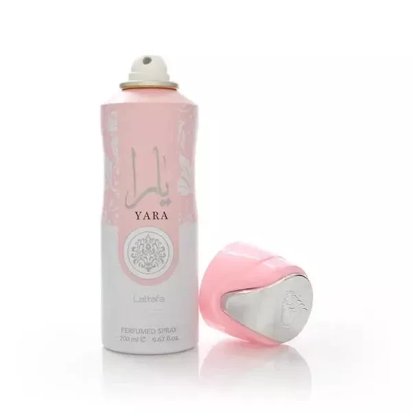 Lattafa Yara Desodorante 200ml Spray Frasco de perfume Yara rosa e branco com tampa removida sobre fundo branco