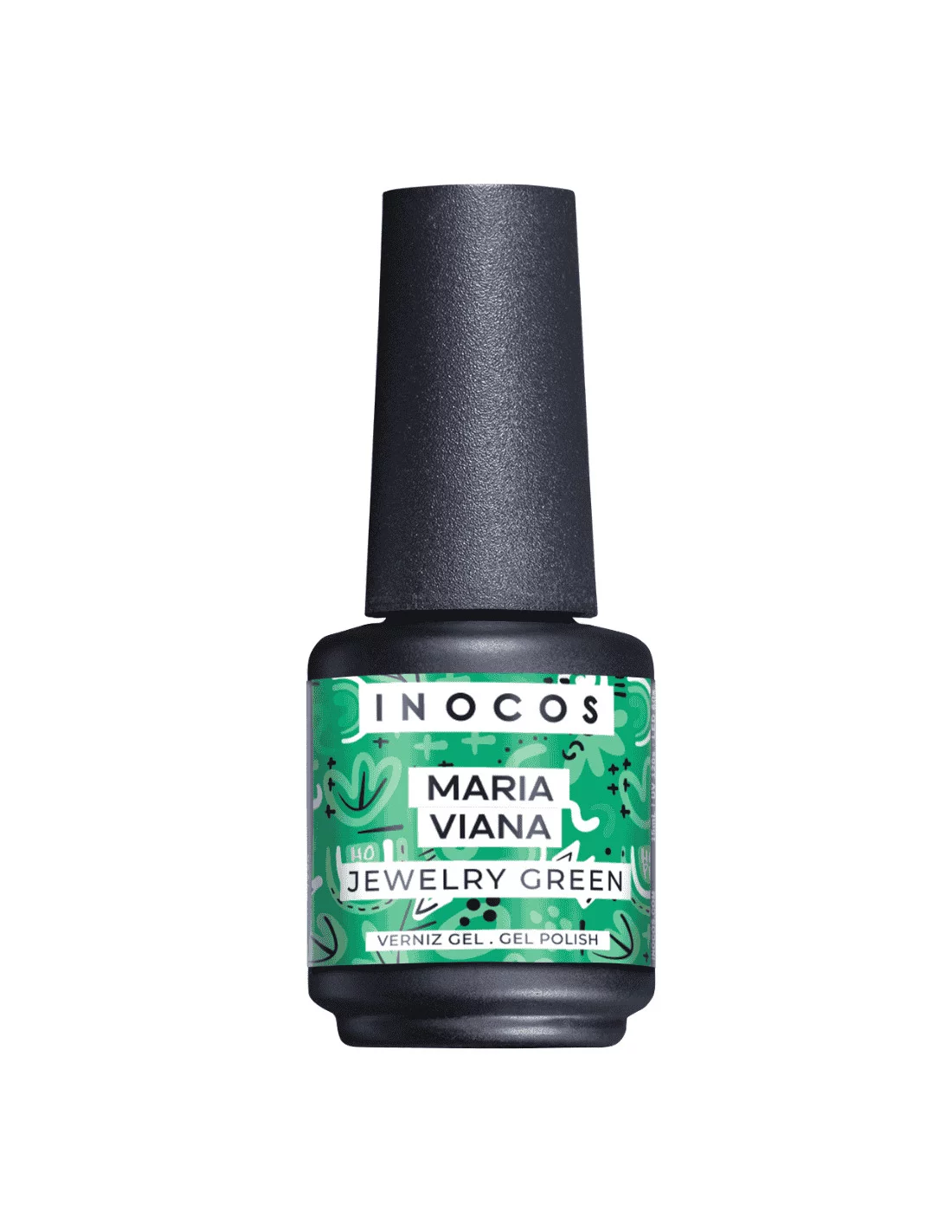 Verniz Gel Inocos Marias 477 Maria Viana Frasco de verniz gel verde com rótulo e tampa preta