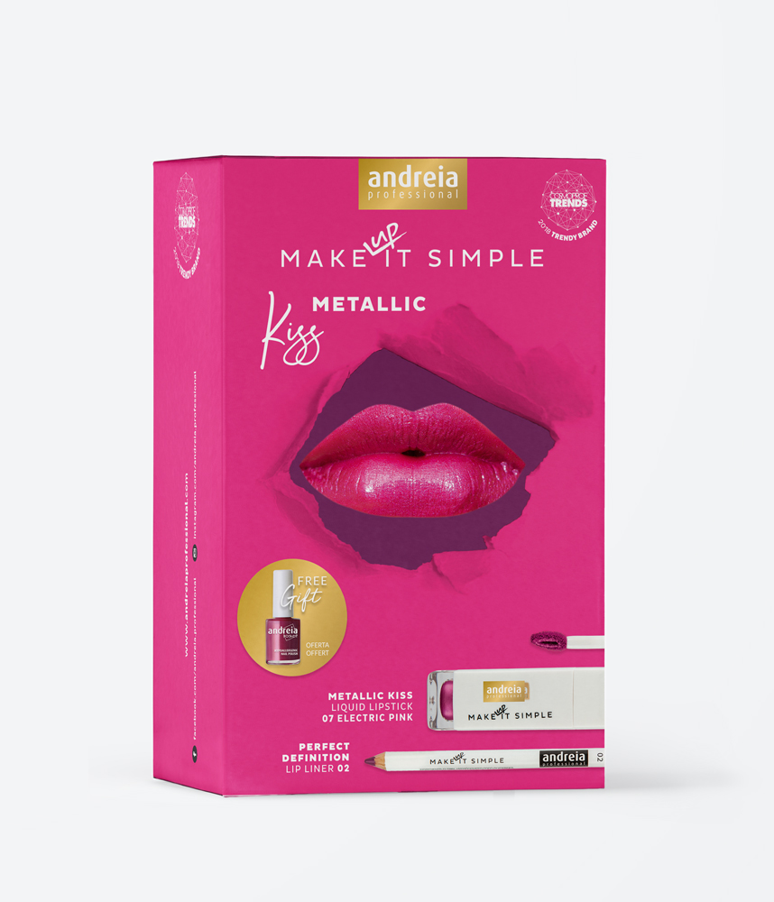 Andreia Makeup Kit Metallic Kiss Conjunto de maquilhagem Andreia Professional Make It Simple Metallic Kiss com batom e lápis labial numa caixa rosa