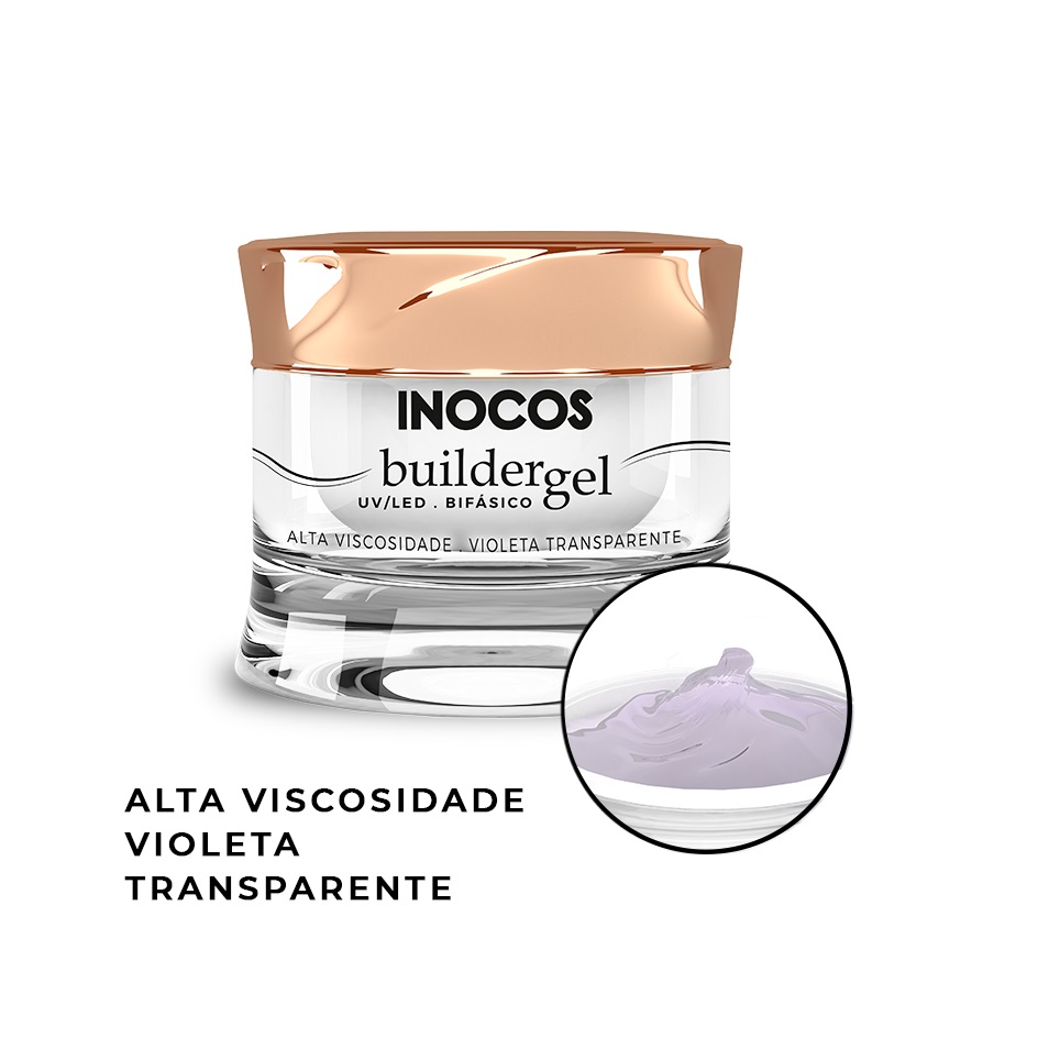 INOCOS GEL CONSTRUÇÃO VIOLETA ALTA VISCOSIDADE 30gr Frasco de gel para unhas Inocos Buildergel com tampa dourada e texto em preto
