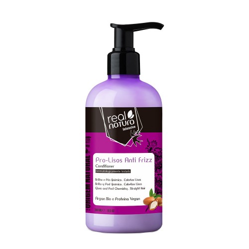 Real Natura Condicionador SEM SAL PRO-LISOS ANTI FRIZZ ARGAN 300ML Frasco roxo de condicionador Real Natura Pro-Lisos Anti Frizz com tampa preta de bomba