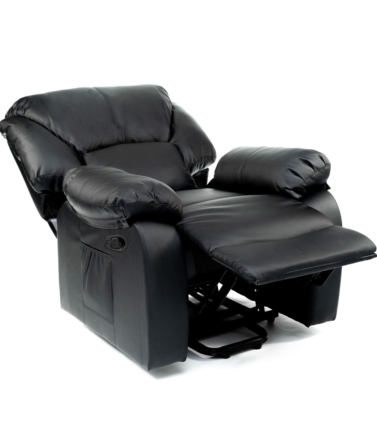 Poltrona de Massagem Relax Monaco – 10 Vibromotores, Reclinável 160°, Calor Lombar, Programas Automáticos, Controle Remoto Poltrona reclinável preta em pele sintética com estofos acolchoados