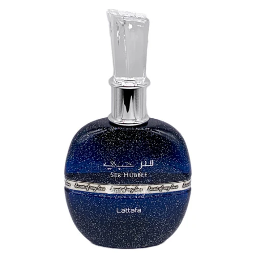 Lattafa Ser Hubbee Eau de Parfum 100ml Feminino (Original) Frasco de perfume azul escuro com brilho prateado e tampa transparente