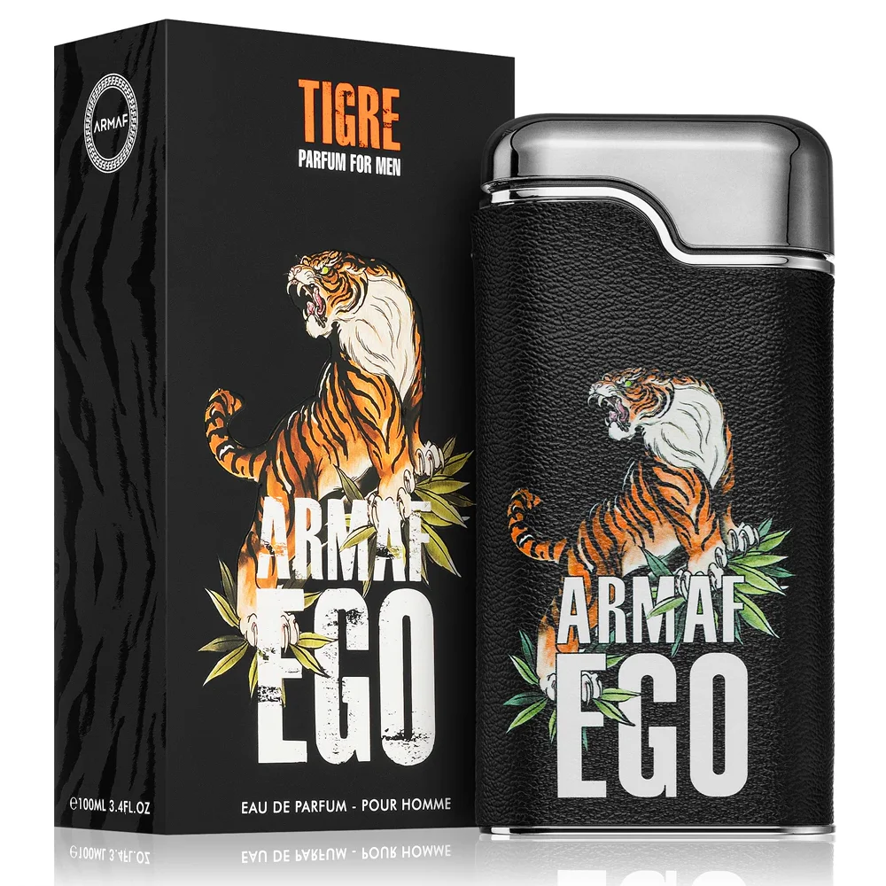 Armaf Ego Tigre Men EDP - 100 ml Frasco e embalagem do perfume masculino Armaf Ego com ilustração de tigre