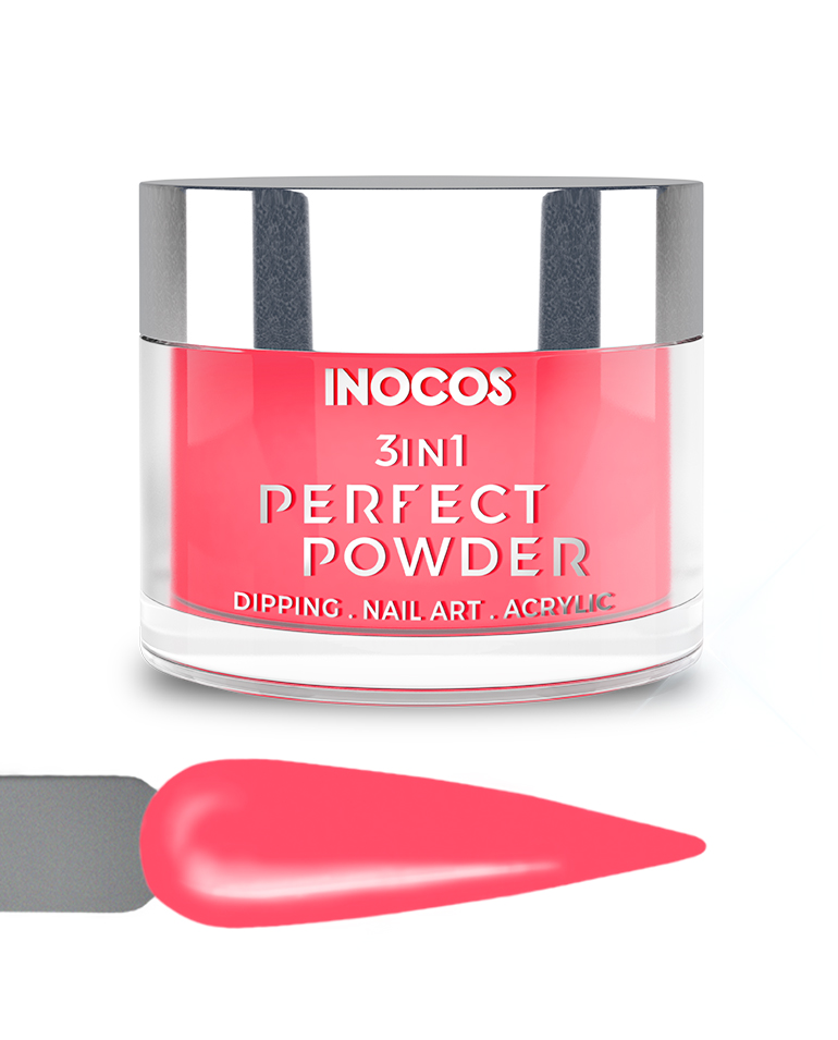 INOCOS PERFECT POWDER 3 EM 1 P30 Pôr-do-sol Coral 20GR Pó acrílico rosa para unhas em pote com tampa prateada e texto visível