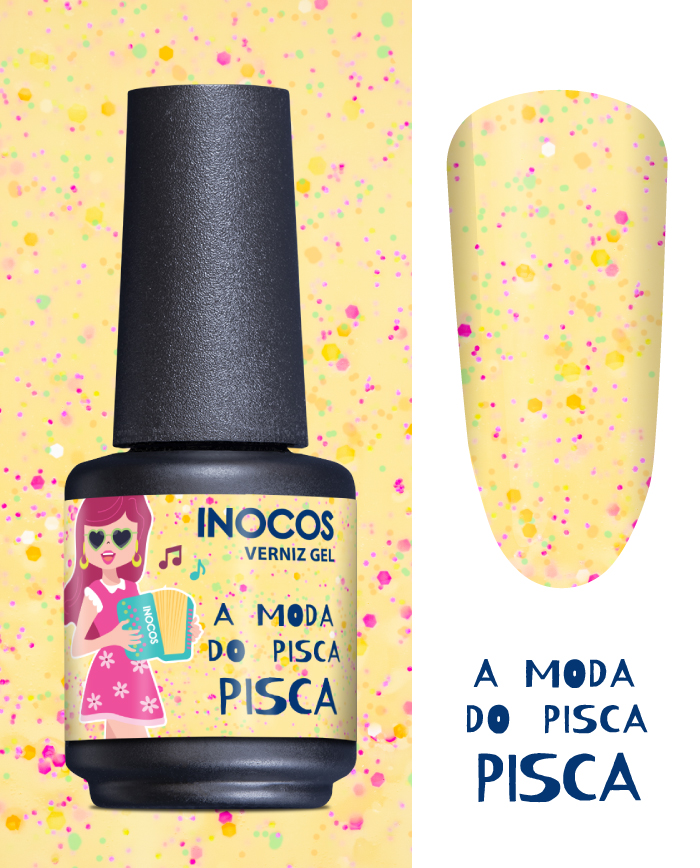 Verniz Gel Inocos – 291 - A Moda do Pisca Pisca (Amarelinho Festa Colorida) 15ml Verniz gel Inocos amarelo com pontos cor-de-rosa e laranja