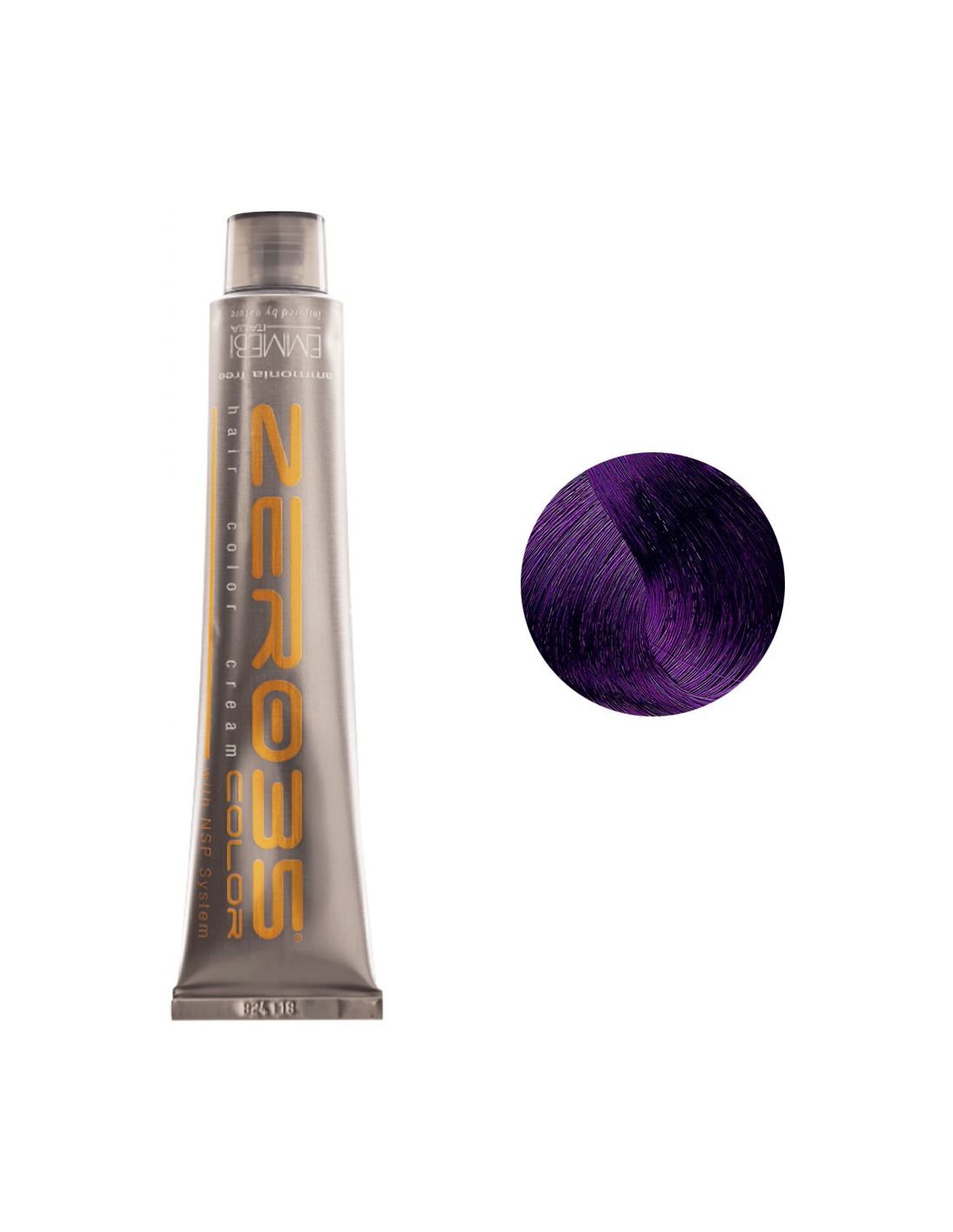 Coloração Sem Amoníaco 100ml - Violeta - Zero35 - Emmebi Tubo de tinta capilar metálico prateado com texto amarelo e amostra de cabelo roxa escura