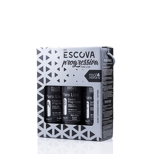 Real Natura Alisamento Puro Liso 3 Passos Kit Real Natura Puro Liso com Champô Progressivo, Escova Progressiva e Selante em caixa cinza com padrão geométrico