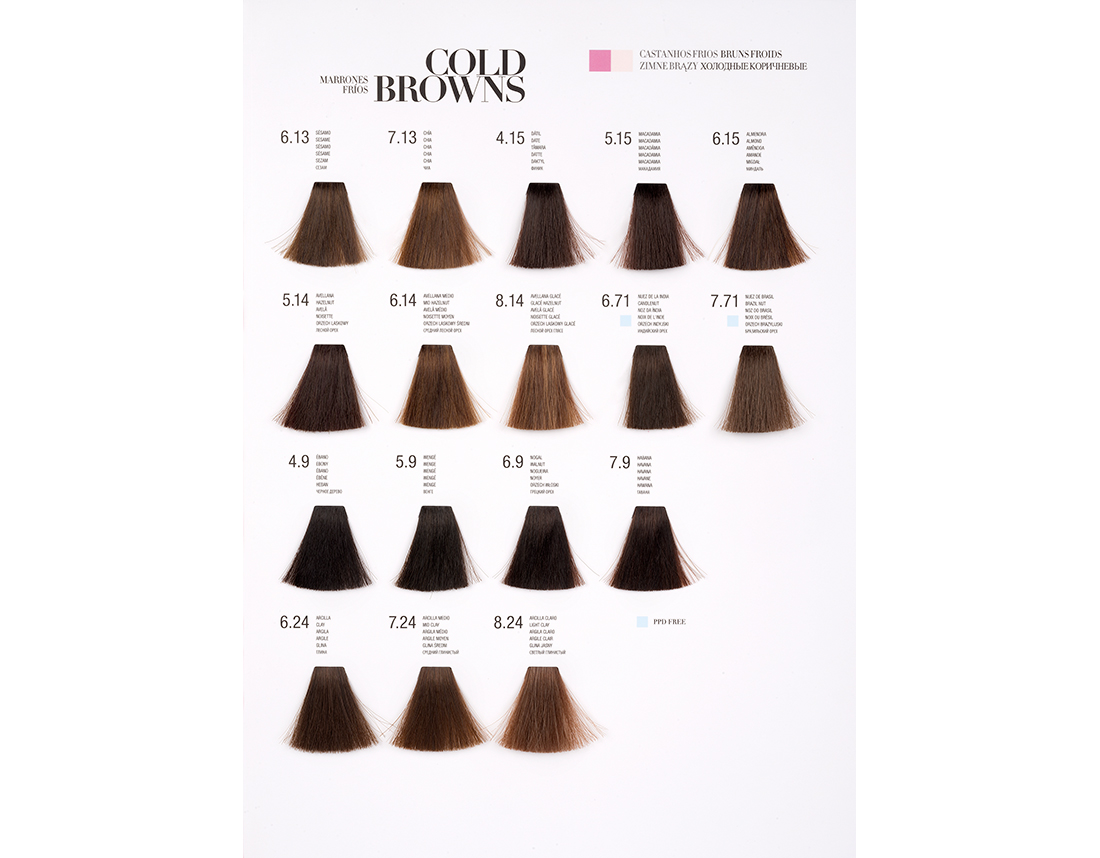 Kosswell Professional Coloração Color Sheen 100ml(108cores) Amostras de coloração de cabelo castanho em tons frios, etiquetadas com números.