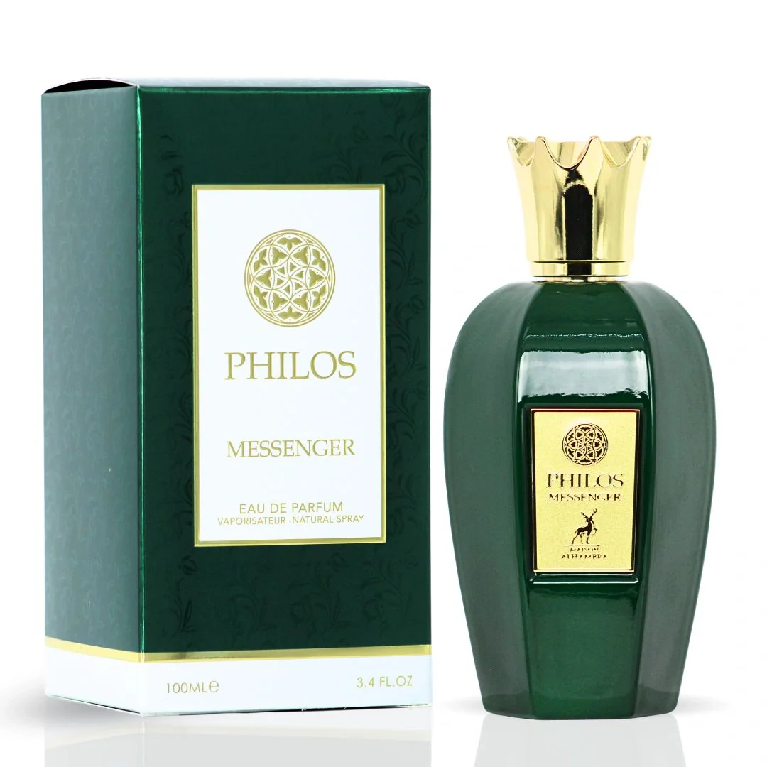 Philos Messenger Eau de Parfum 100ml - Maison Alhambra Frasco de perfume verde escuro com tampa dourada ao lado de caixa verde escuro com detalhes dourados